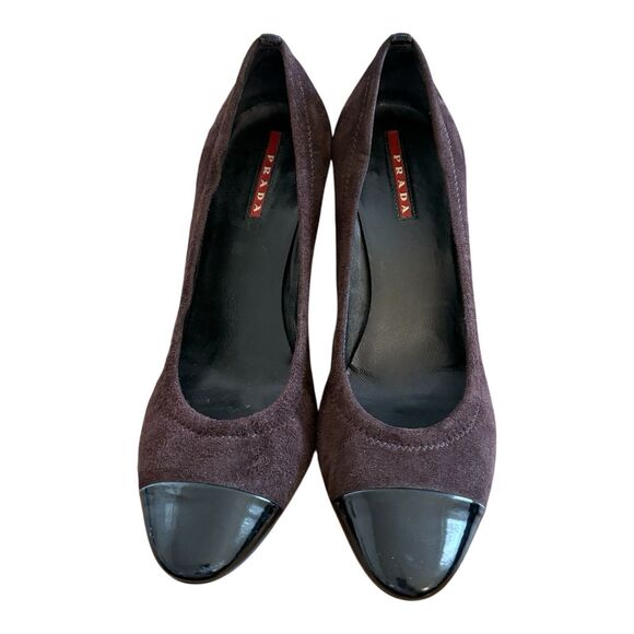 PRADA Brown Suede Black Patent Leather Cap Toe Pumps Heels Size EU 37 - Picture 3 of 10